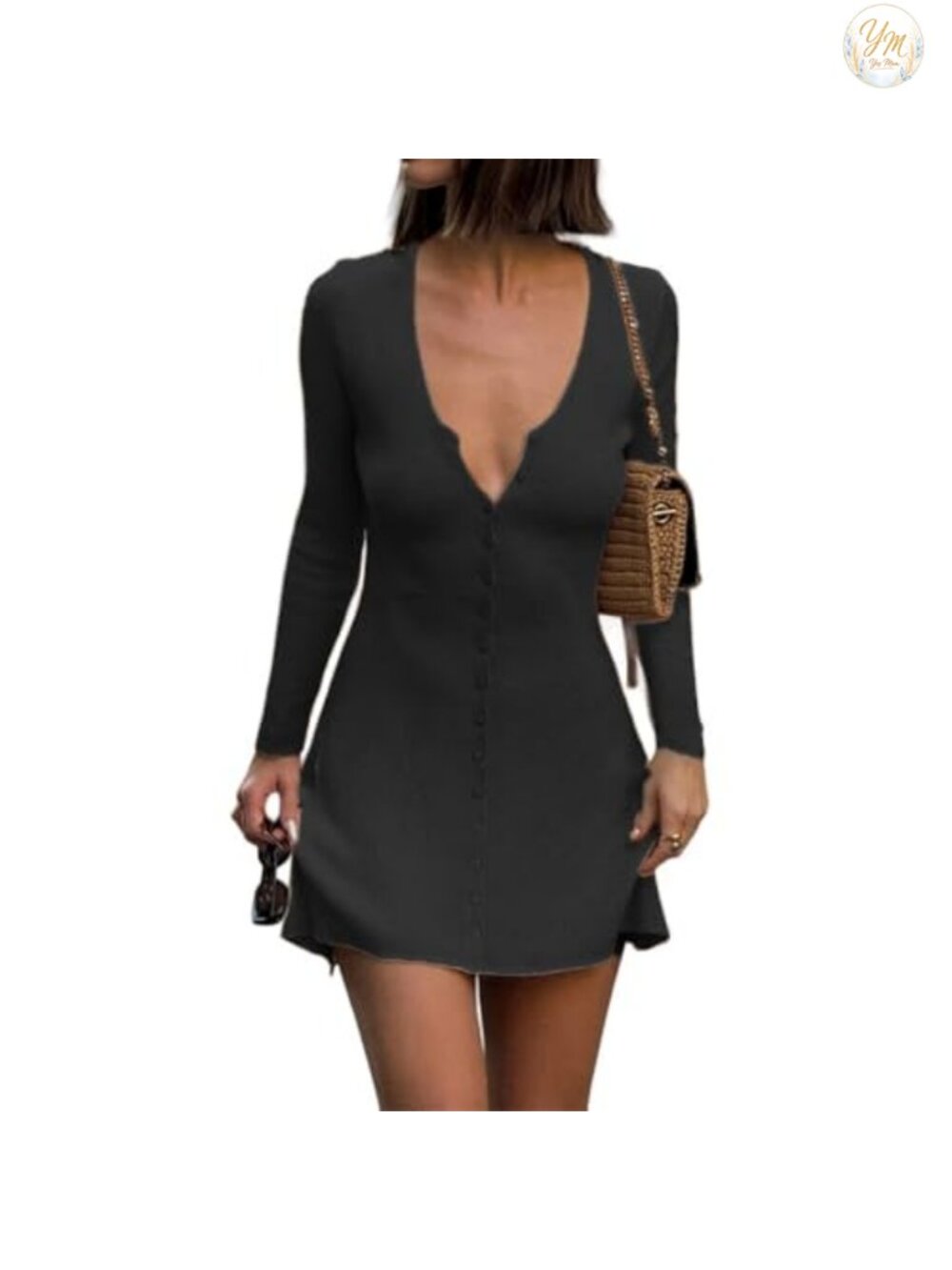 Sexy Deep V Neck Button Front Ribbed Knit Mini Dress
